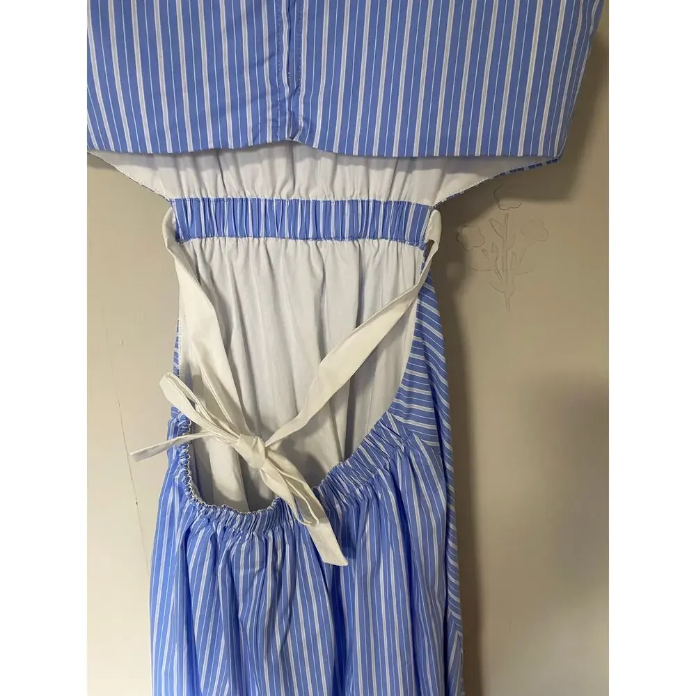 NWT Lulus Preppy Blue White Pinstripe Tank Cut Away Midi Maxi Length Dress Med - Picture 5 of 9